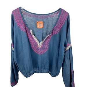 Free People Linen Gauze Cropped Embroidered BoHo Peasant Blouse Medium